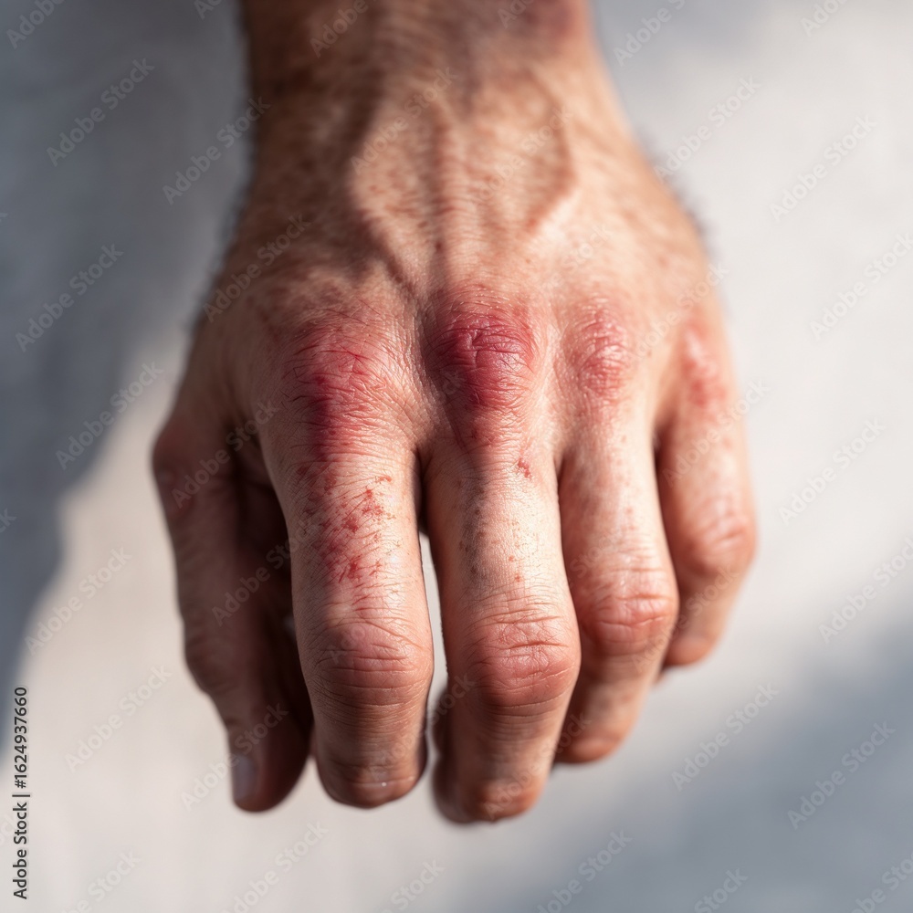 Fototapeta premium Closeup of irritated red skin on male hand