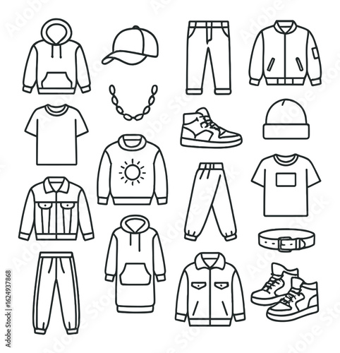 Outline of various clothing and accessories on gray background