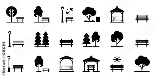 Park elements collection with trees benches gazebos and lamps nature outdoor