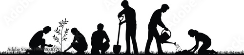 Silhouette of people planting trees, gardening teamwork, nature conservation, community effort, sustainable living, outdoor activities, environmental project, teamwork in nature