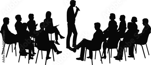 Silhouette speaker addressing audience, seminar scene, group meeting, black vector, presentation, workshop, communication, leadership, teamwork, isolated
