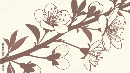 Illustration of a flowering branch with open blossoms and buds on a light background design art