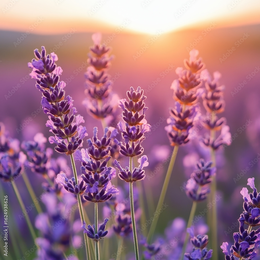 Obraz premium Lavender flowers basking in warm glow of sunset create serene and calming atmosphere. vibrant purple hues contrast beautifully with soft, golden light