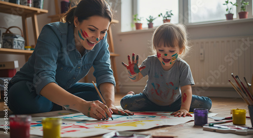 Mother child painting art together family fun creative activity colors learning drawing happiness bonding happy