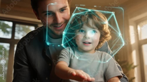 Father and Son Explore Interactive Tech: A heartwarming journey into the future of family bonding through innovative technology.