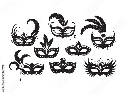 Collection of venetian masquerade masks silhouette vector isolated on white background