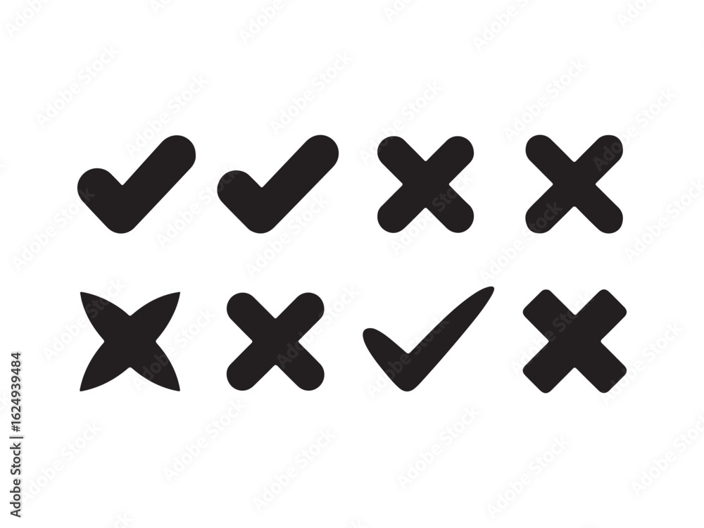 Obraz premium Hand drawn stylish check marks and crosses silhouette vector isolated on white background