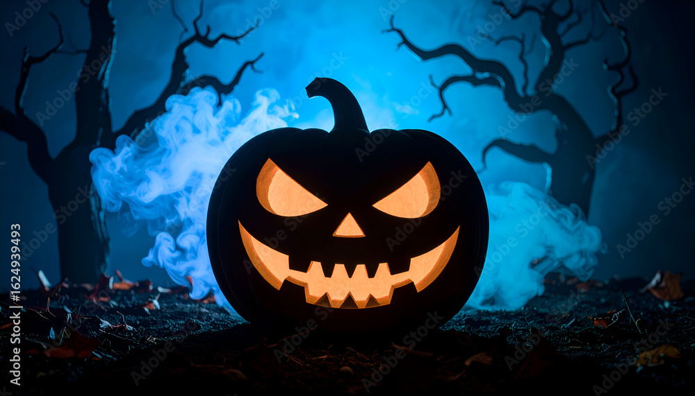 Fototapeta premium Jack-o'-lantern silhouette with evil grin, smoke coming out of its mouth, and dark