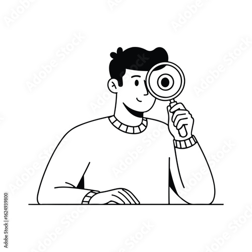 Curious male character exploring details using magnifying glass for investigation concept