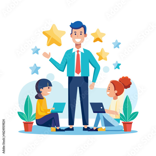 Confident Boss Giving Constructive Team Feedback in Office – Leadership Communication and Teamwork Concept Vector Illustration for Business Use