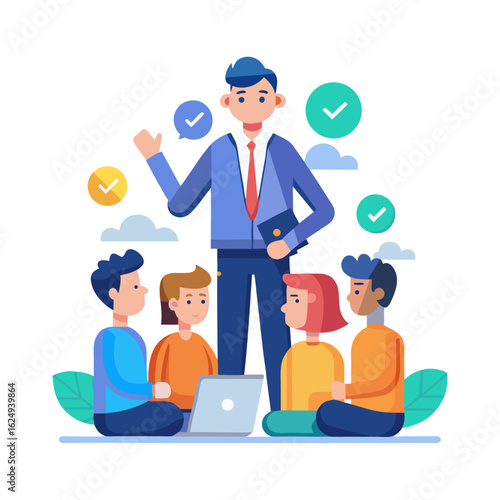 Confident Boss Giving Constructive Team Feedback in Office – Leadership Communication and Teamwork Concept Vector Illustration for Business Use