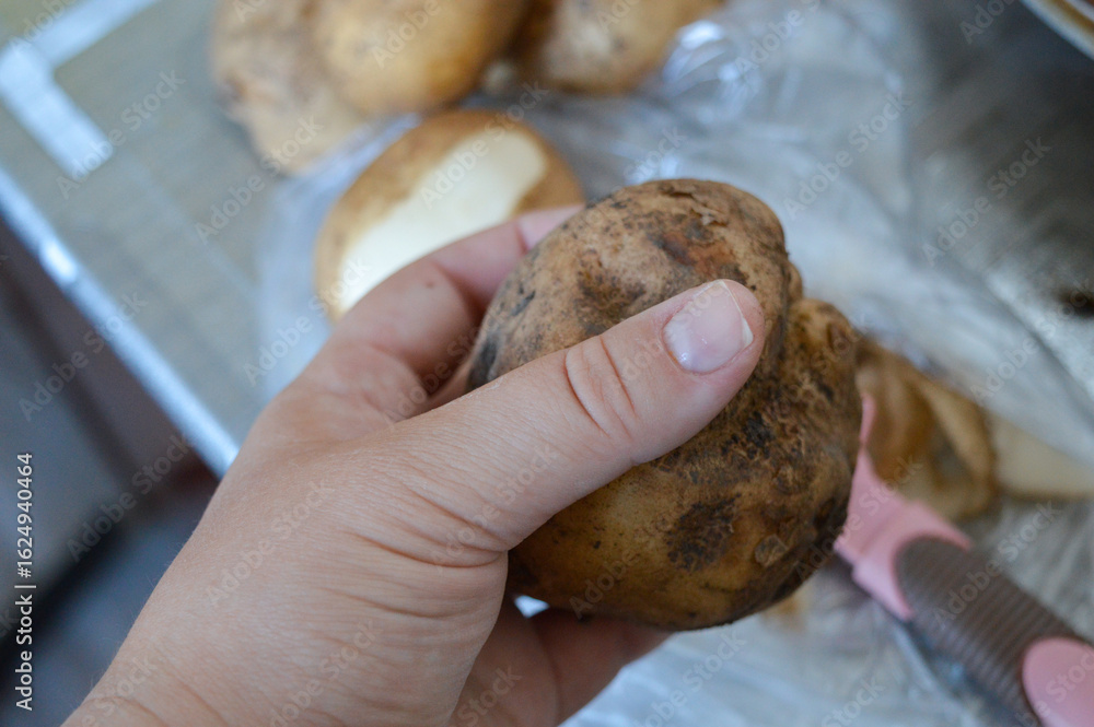 partially peeled raw potato with a vegetable peeler and potato skins on plastic surface, kitchen preparation scene home cooking, food preparation, kitchen tools, healthy eating partially peeled raw potato with a vegetable peeler and potato skins on plastic surface, kitchen preparation scene home cooking, food preparation, kitchen tools, healthy eating