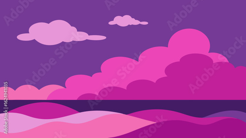 Beautiful Pink and Purple Clouds Above a Serene Sea Shore at Sunset
