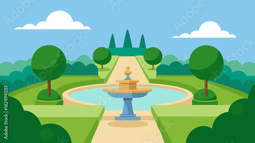 Beautiful Public Park with Fountain Paths and Trimmed Hedges