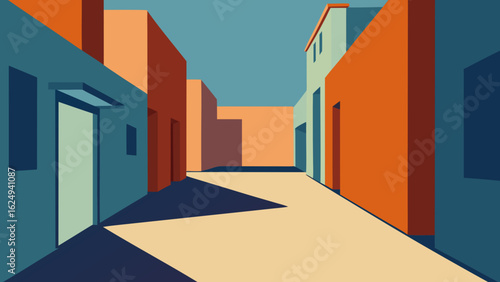 Quiet Alleyway Between Two Buildings with Soft Shadows and Light