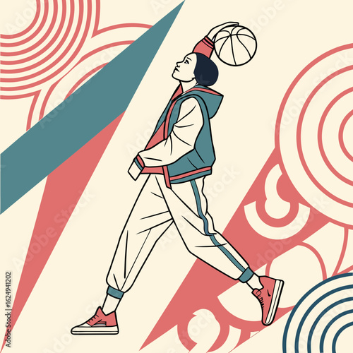 Stylish young person in athletic wear balancing a basketball on their head with abstract background