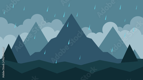 Serene Rainy Day in a Mountain Landscape with Misty Air and Clouds