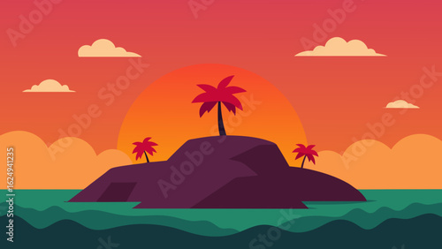 Remote Island with Dense Vegetation and a Vibrant Sunset Backdrop