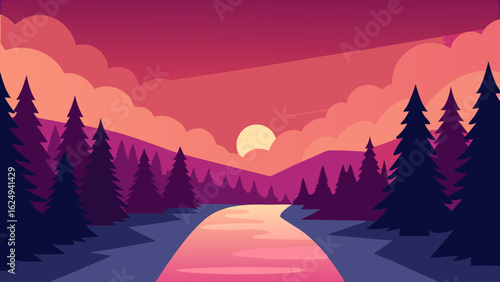 Serene River with Dense Forest Trees Under a Beautiful Pink Sunset Sky