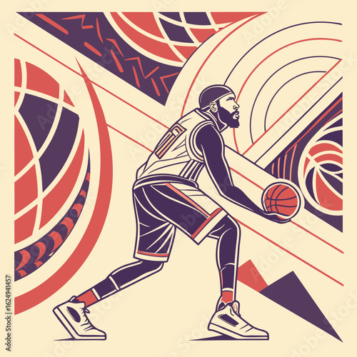 Stylized basketball player in action with abstract geometric background in retro colors