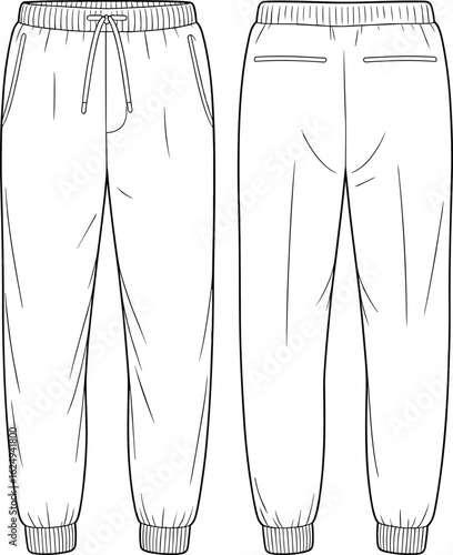 Men’s jogger pants with welt back pockets and drawstring waistband, cad drawing flat vector illustration front and back, technical fashion garment sketch