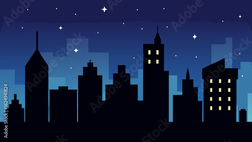 Stunning Silhouette of City Buildings Under a Bright Starry Night Sky