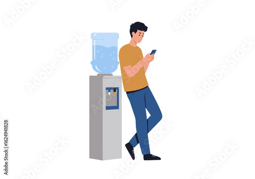 Illustration Vector of a Man Leaning on a Water Cooler and Using a Smartphone in Modern Style