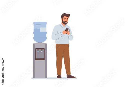 Modern Vector Illustration of Bearded Man with Phone Standing by Water Cooler in Office Setting Simple and Professional Design
