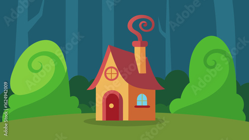 Whimsical Small Cartoon Home with Spiral Chimney in a Magical Forest