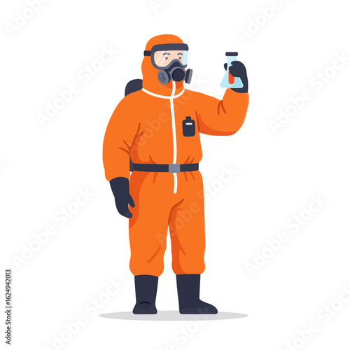 Illustration of Scientist in Hazmat Suit with Test Tube Vector Cartoon Style
