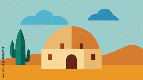 Unique Small Dome Shaped House in Desert with Cactus and Sandy Hills