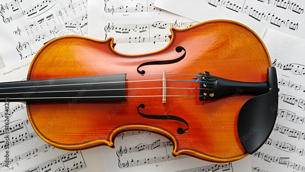 Fototapeta premium Violin on sheet music. Close up. Top view. on white background