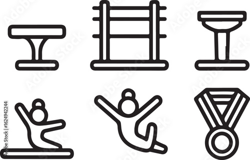 Artistic Gymnastics Outline Icons Set Balance Beam, Uneven Bars, Floor Routine, Vault Table, and Medal