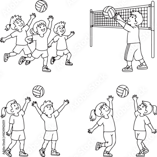 Youth Volleyball Fun Line Icons Kids Playing, Coach Explaining, Friendly Match, Cheer Pose, and Practice Ball Toss