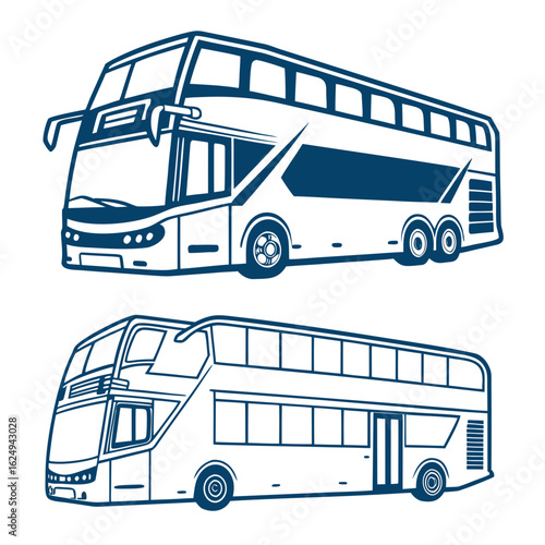 Two stylized blue line art illustrations of modern double decker buses on a white background