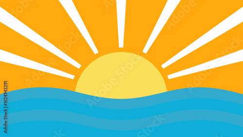 Beautiful sun rays extending from the horizon over calm surf