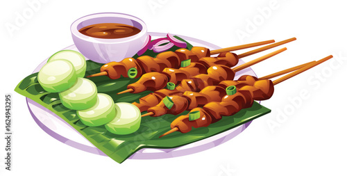 Indonesian chicken satay on skewers with peanut sauce, cucumber, and onion on a banana leaf. Vector cartoon illustration