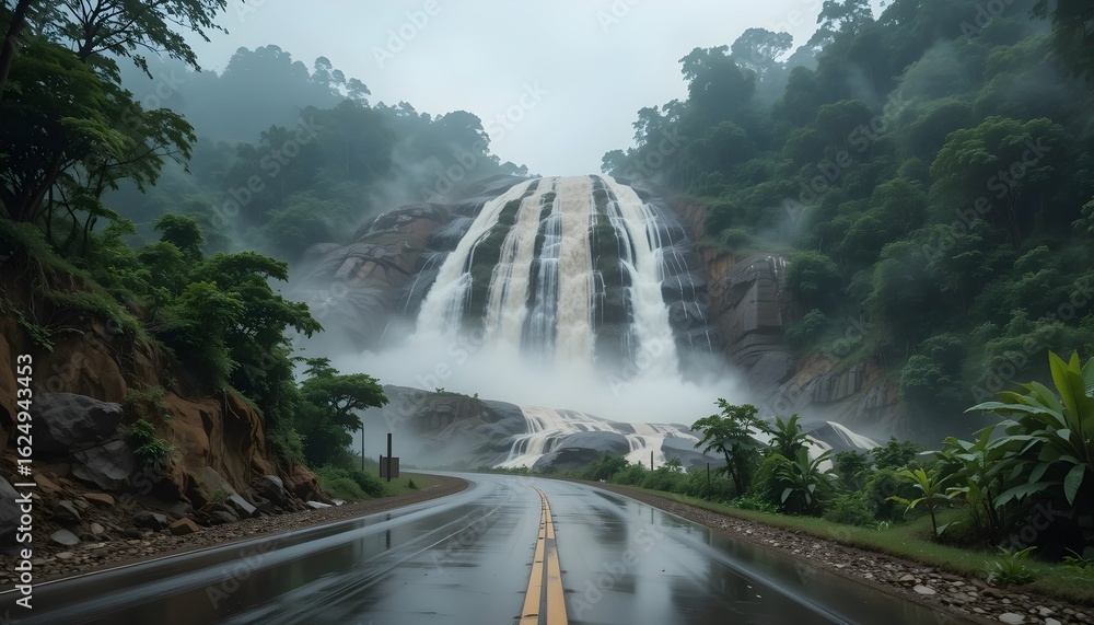 Fototapeta premium Surreal Landslide on Rainy Mountain Road in Northern Thailand – A Dreamlike Blend of Nature’s Power and Monsoon Season Tranquility