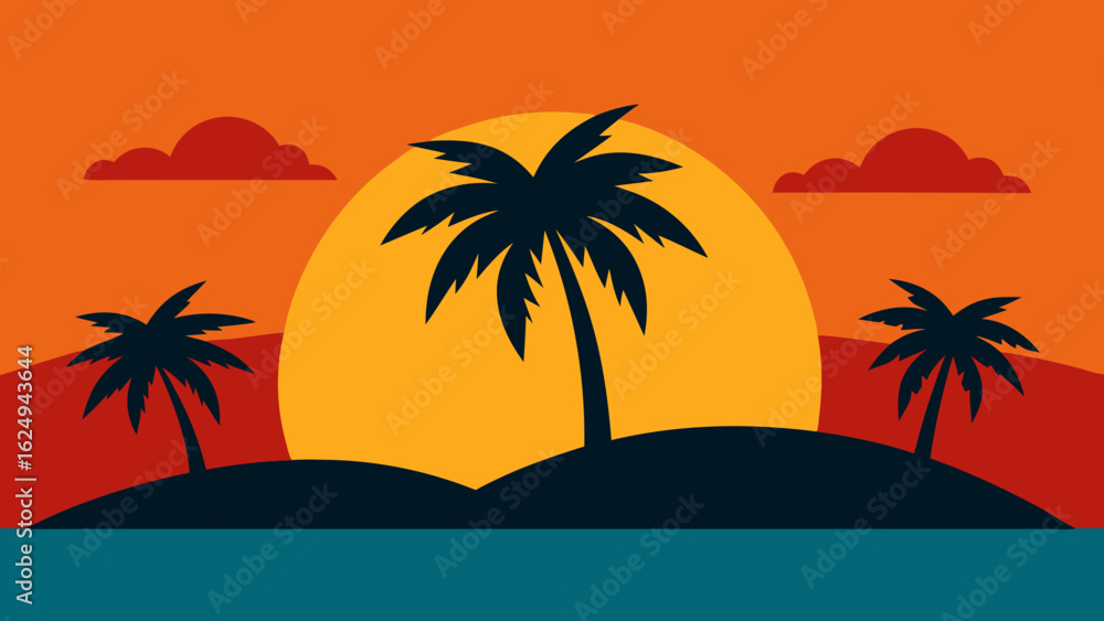 Fototapeta premium Stunning sunset on an island beach with silhouetted palm trees