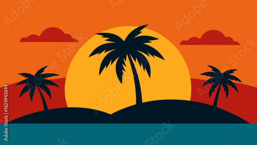 Stunning sunset on an island beach with silhouetted palm trees