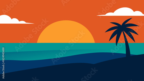 Vibrant sunset over a palm beach with a beautiful orange sea glow