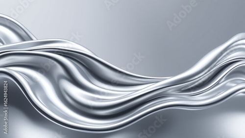 Silvery Fluid Motion, 3D gradient, liquid shape, flowing lines, sleek, reflective, smooth, elegant, abstract, modern