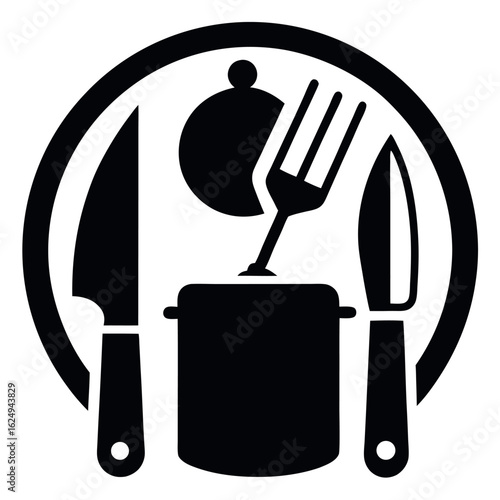 Black and White Kitchenware Emblem Featuring Pot, Fork, Knives, and Plate Design Icon