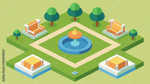 Stylish top down isometric view of a city park with fountain