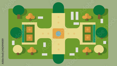 Precise top down view of a structured botanical garden layout