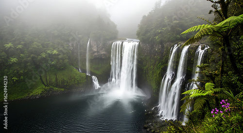 Serene wilderness scene with a powerful, multi-tiered waterfall cascading into a tranquil pool amidst a foggy jungle