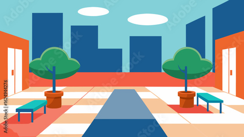 Stylish urban courtyard with abstract paving and comfortable benches