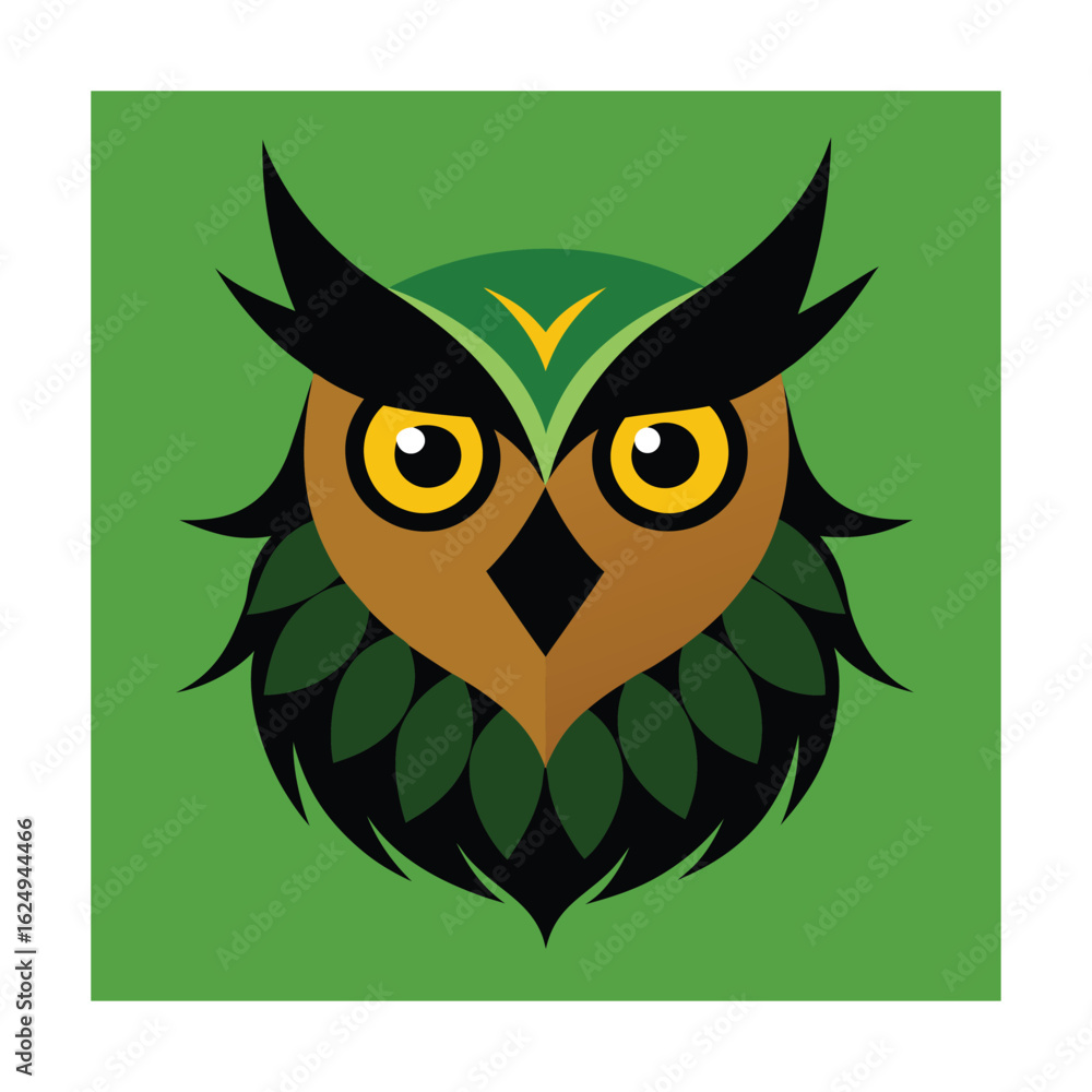Fototapeta premium Owl Head with Leaf Feather Elements Logo