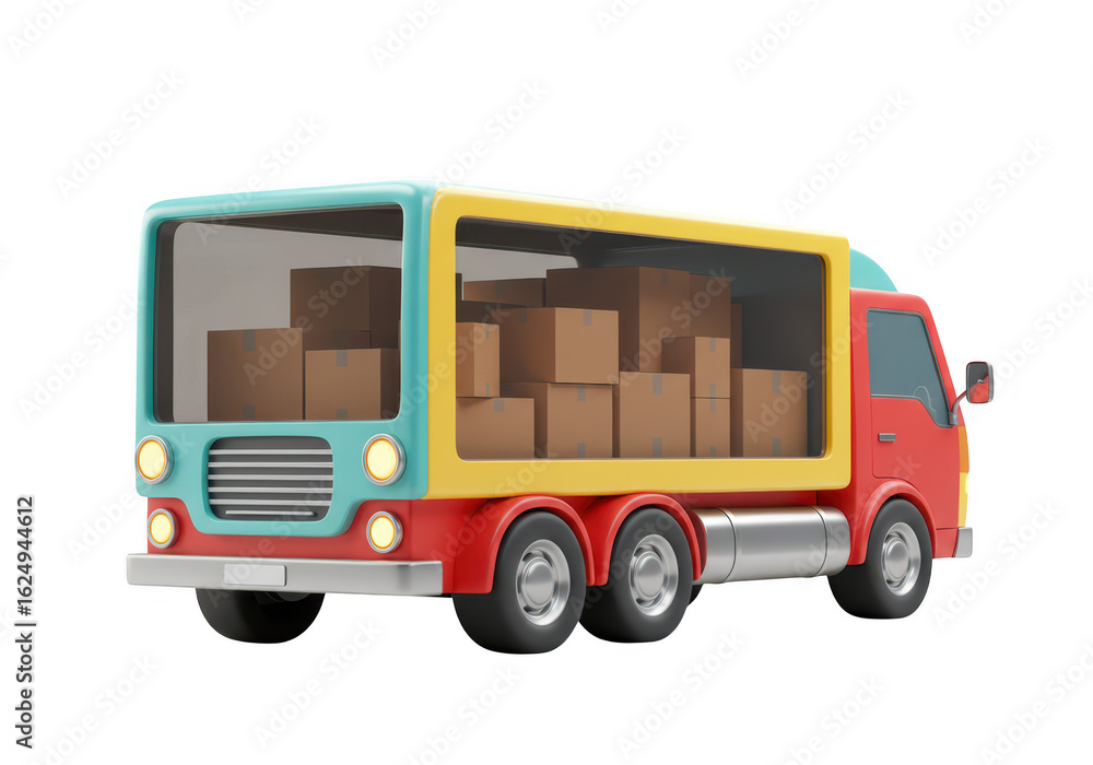 Photo of a colorful delivery truck with an open cargo area full of boxes isolated on transparent background, rendered in 3d Photo of a colorful delivery truck with an open cargo area full of boxes isolated on transparent background, rendered in 3d