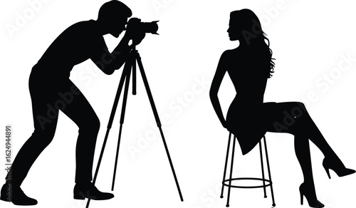 Professional photographer, model silhouette, studio photoshoot, artistic lighting, fashion photography, elegant pose, high heels, tripod setup, camera gear, creativity